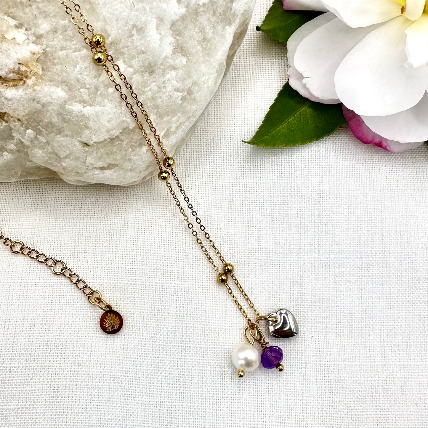 February Birthstone Amethyst Charm Necklace with Natural Pearl and Heart