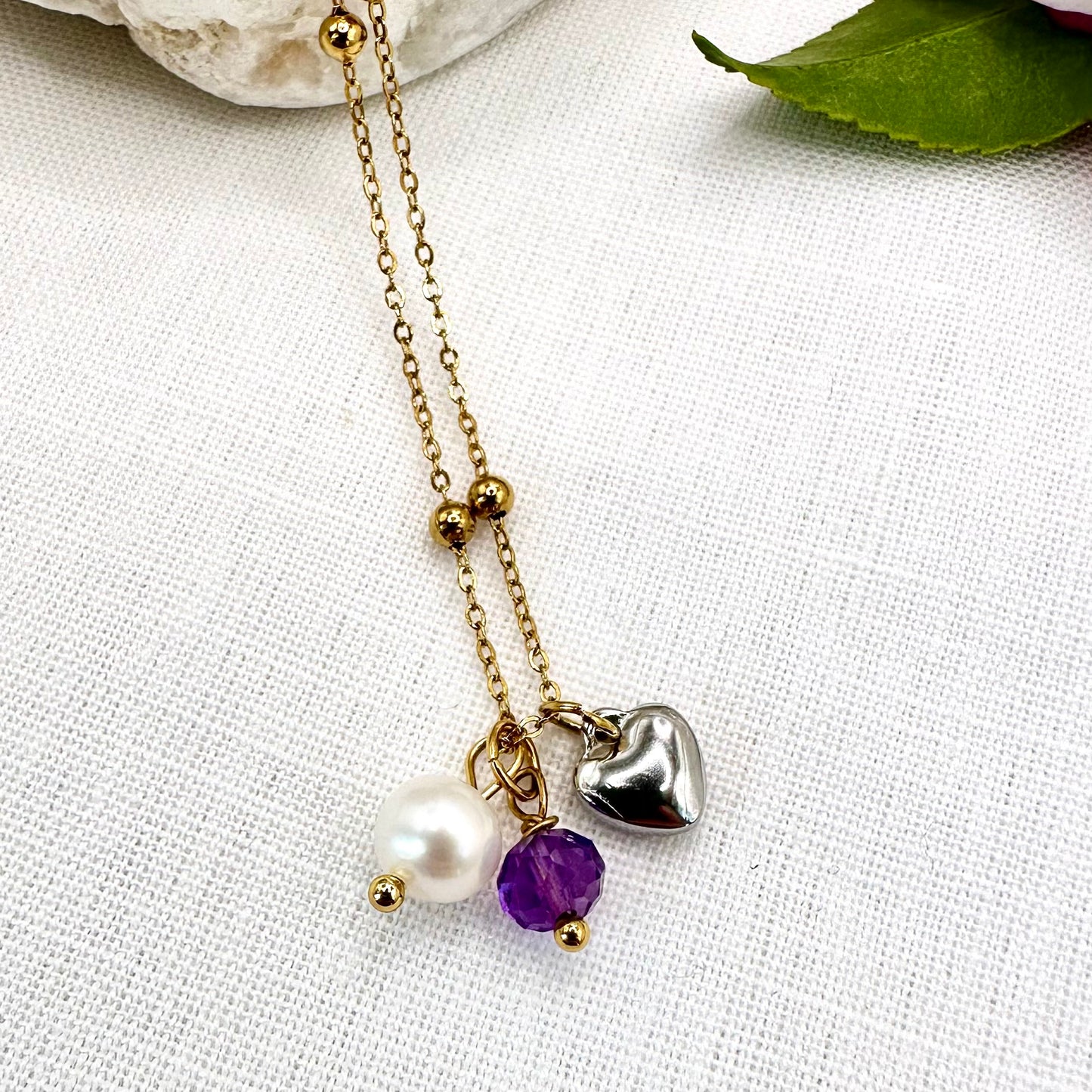 February Birthstone Amethyst Charm Necklace with Natural Pearl and Heart