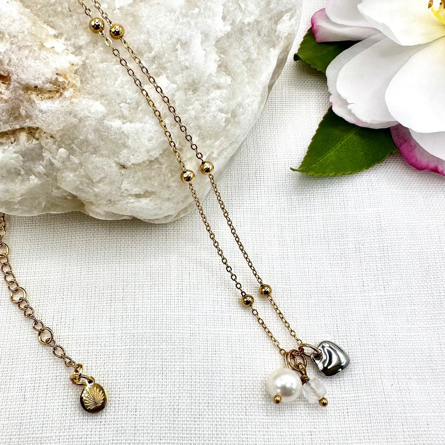 April Birthstone Clear Quartz Charm Necklace with Natural Pearl and Heart