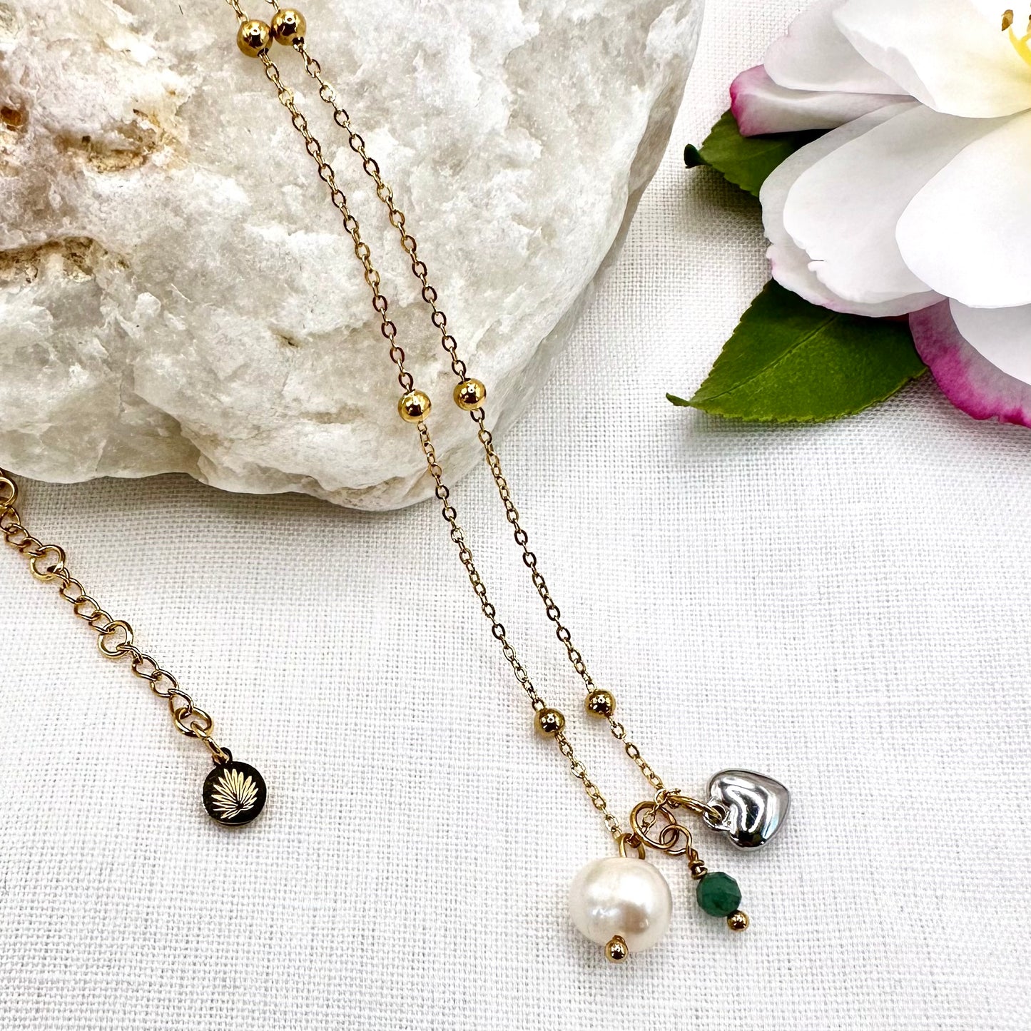 May Birthstone Emerald Charm Necklace with Natural Pearl and Heart