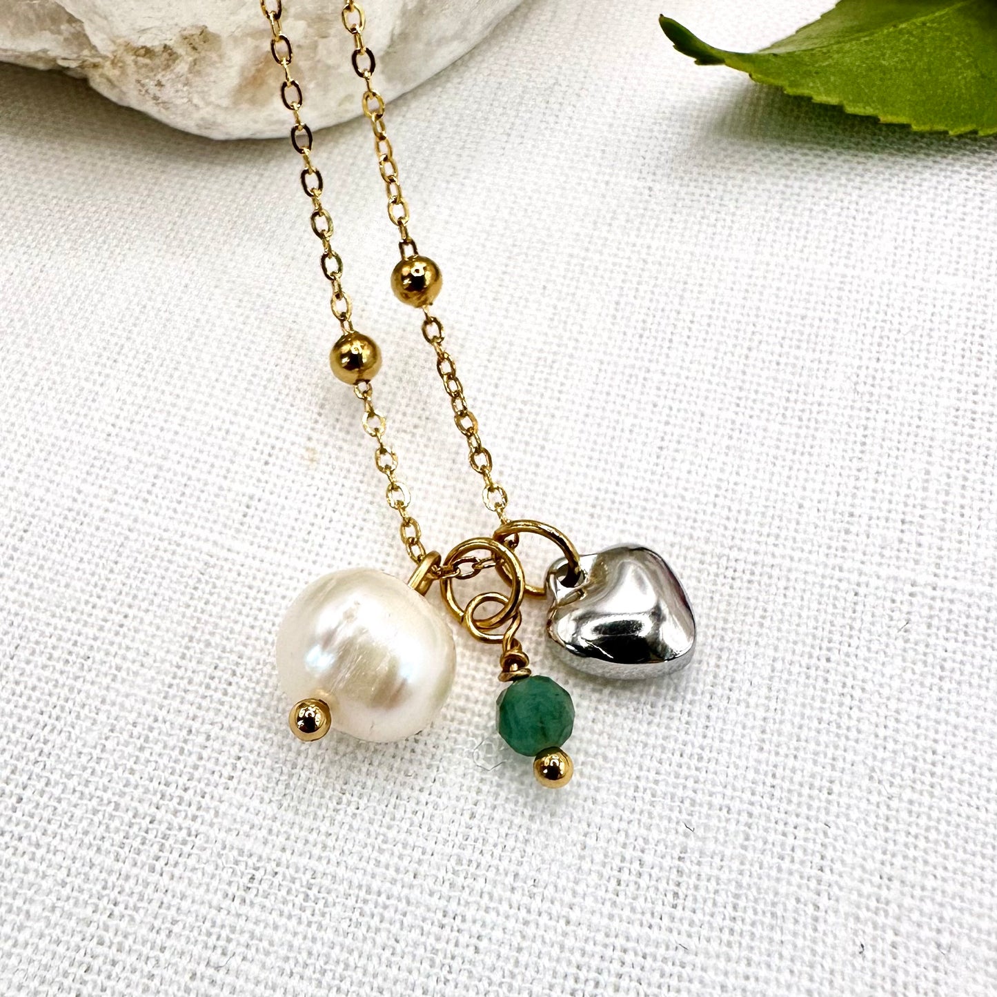 May Birthstone Emerald Charm Necklace with Natural Pearl and Heart
