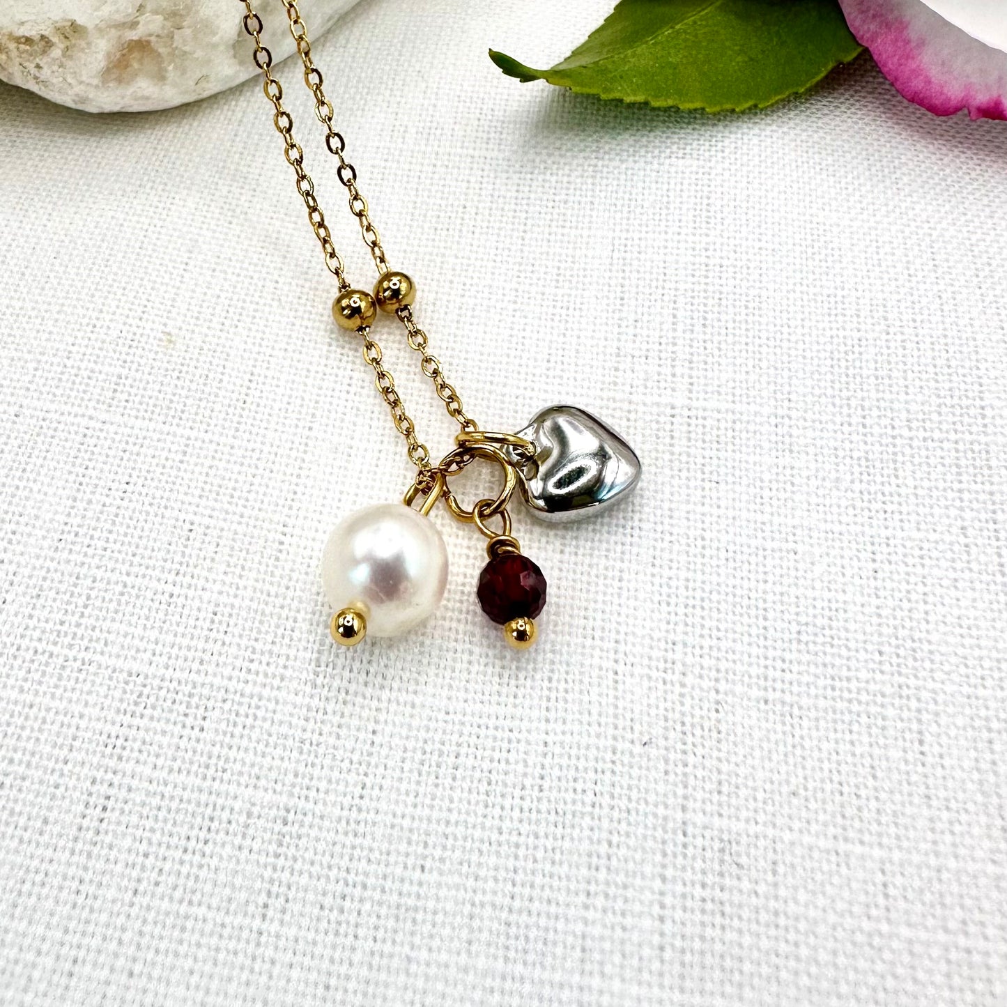 January Birthstone Garnet Charm Necklace with Natural Pearl and Heart