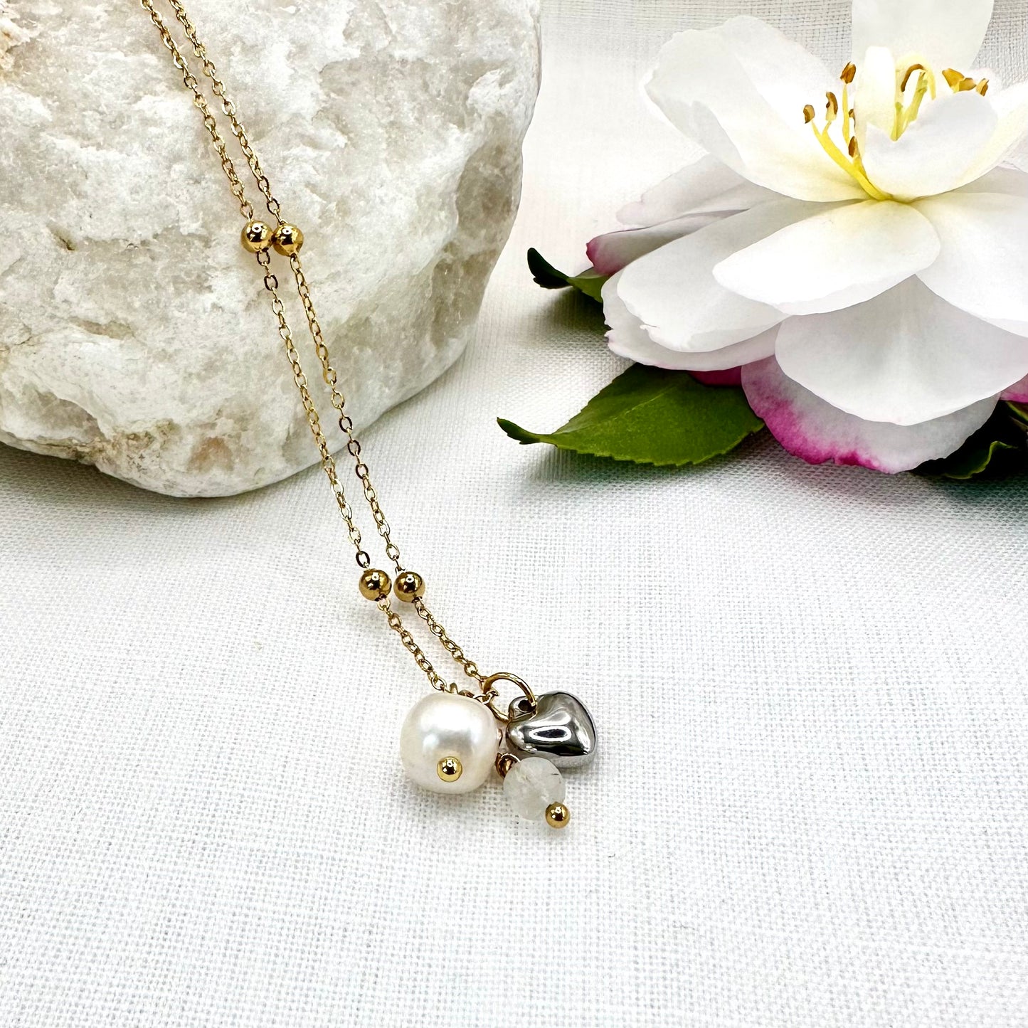 June Birthstone Moonstone Charm Necklace with Natural Pearl and Heart