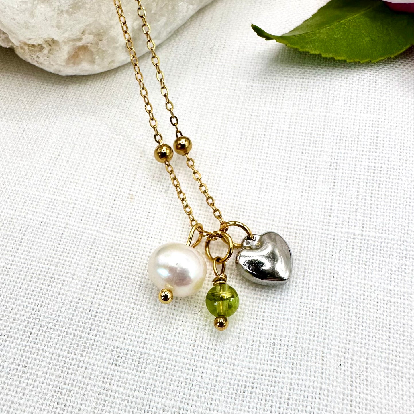August Birthstone Peridot Charm Necklace with Natural Pearl and Heart