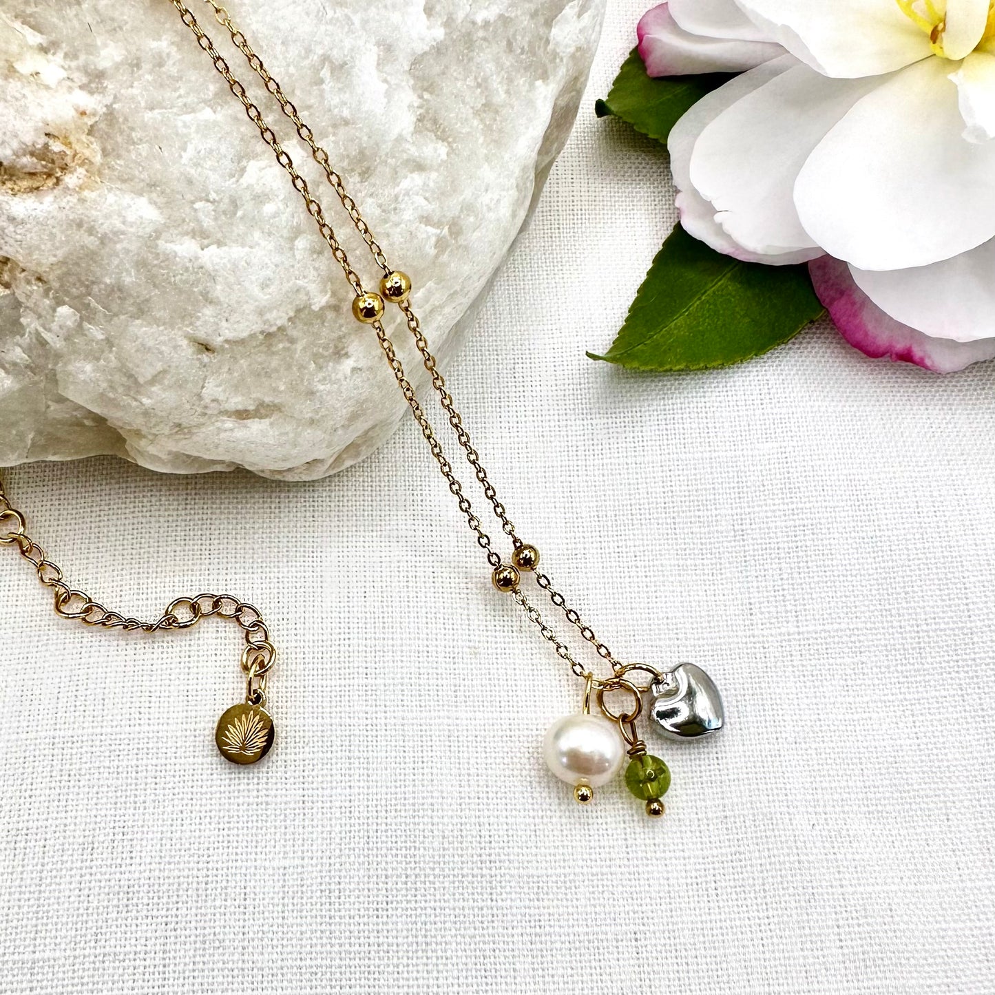 August Birthstone Peridot Charm Necklace with Natural Pearl and Heart