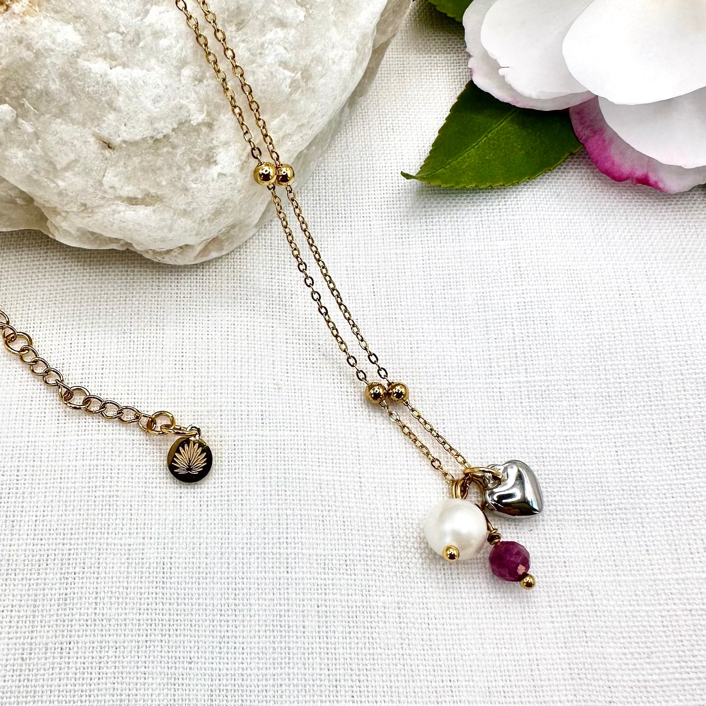 July Birthstone Ruby Charm Necklace with Natural Pearl and Heart