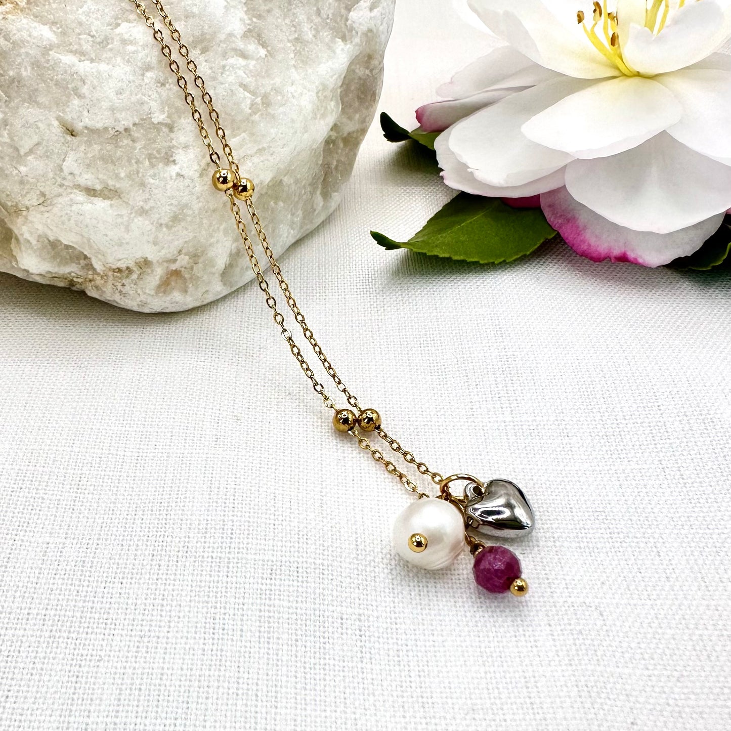 July Birthstone Ruby Charm Necklace with Natural Pearl and Heart
