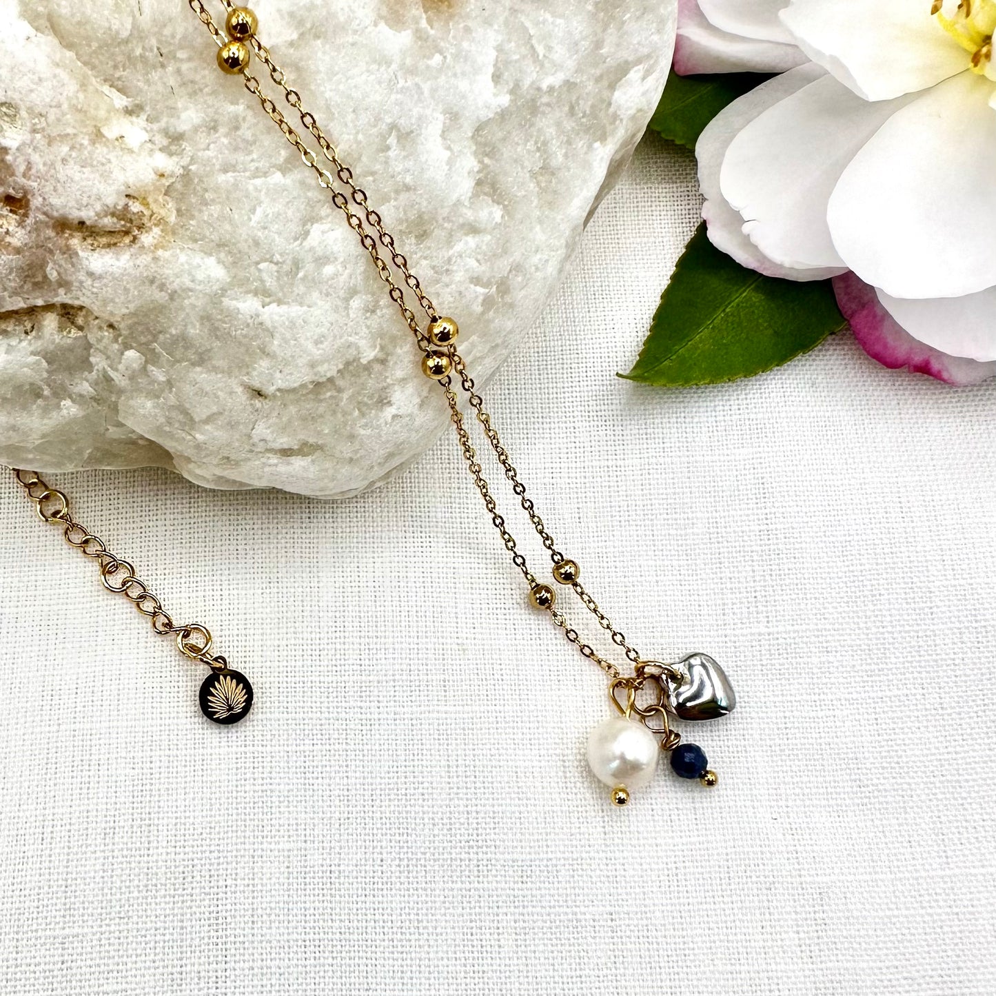 September Birthstone Sapphire Charm Necklace with Natural Pearl and Heart