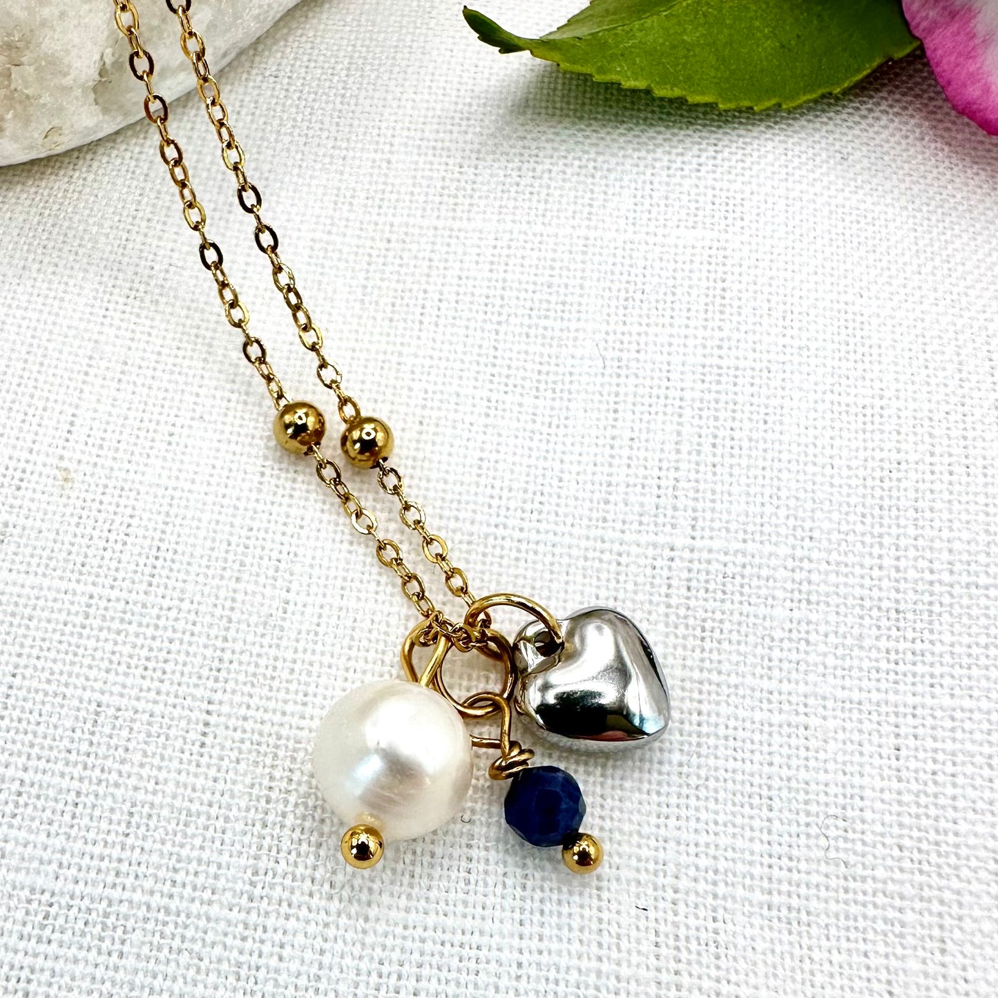 September Birthstone Sapphire Charm Necklace with Natural Pearl and Heart