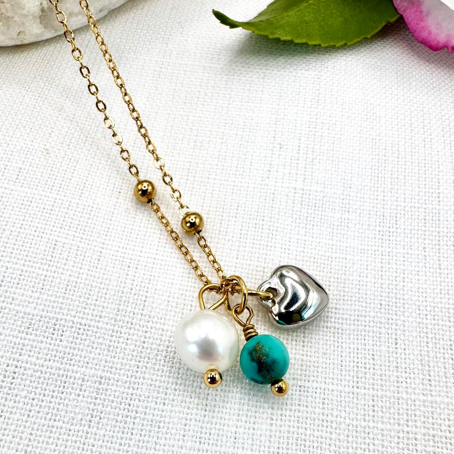 December Birthstone Turquoise Charm Necklace with Natural Pearl and Heart