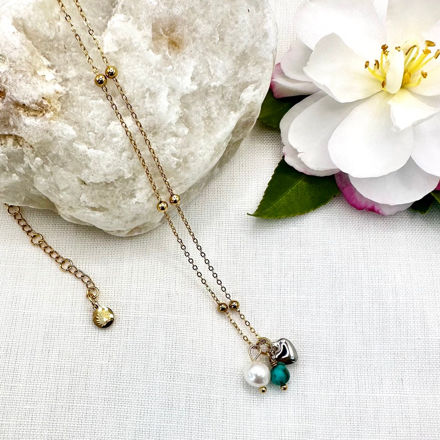 December Birthstone Turquoise Charm Necklace with Natural Pearl and Heart