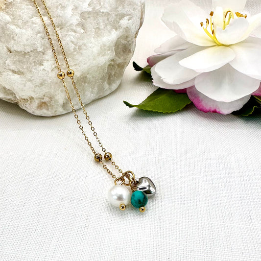 December Birthstone Turquoise Charm Necklace with Natural Pearl and Heart