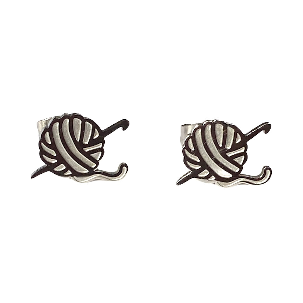 Crochet Hook and Yarn Earring Studs Silver