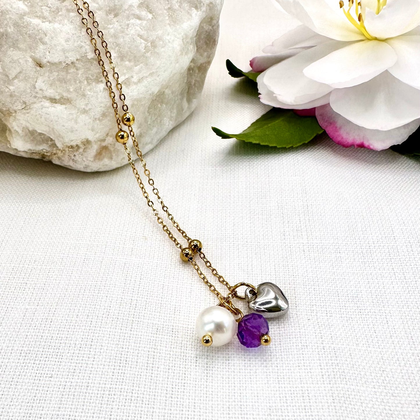 February Birthstone Amethyst Charm Necklace with Natural Pearl and Heart