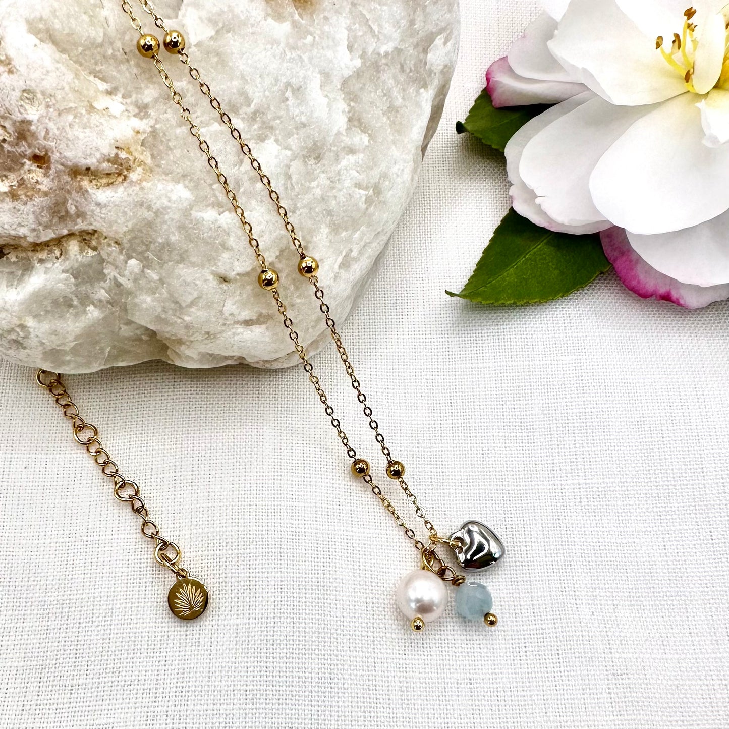 March Birthstone Aquamarine Charm Necklace with Natural Pearl and Heart