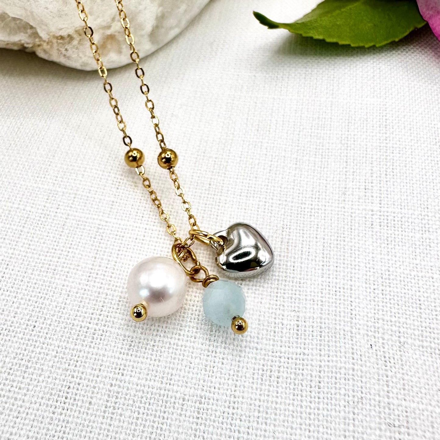 March Birthstone Aquamarine Charm Necklace with Natural Pearl and Heart