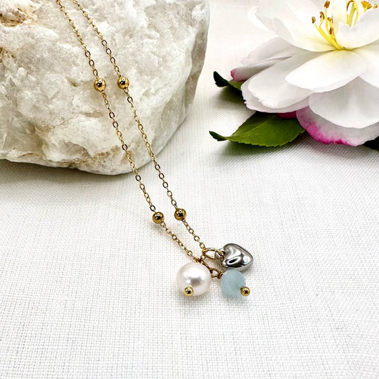 March Birthstone Aquamarine Charm Necklace with Natural Pearl and Heart