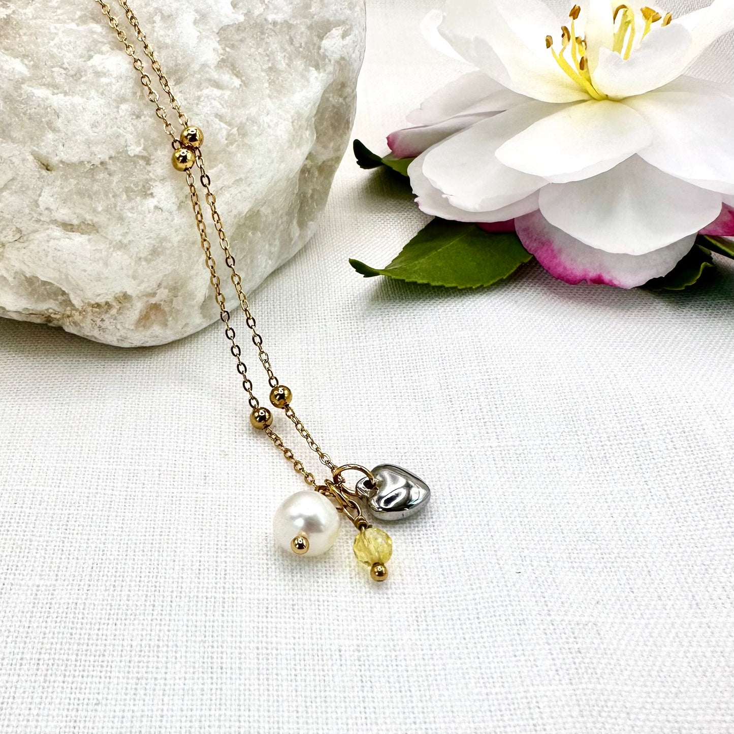 November Birthstone Citrine Charm Necklace with Natural Pearl and Heart