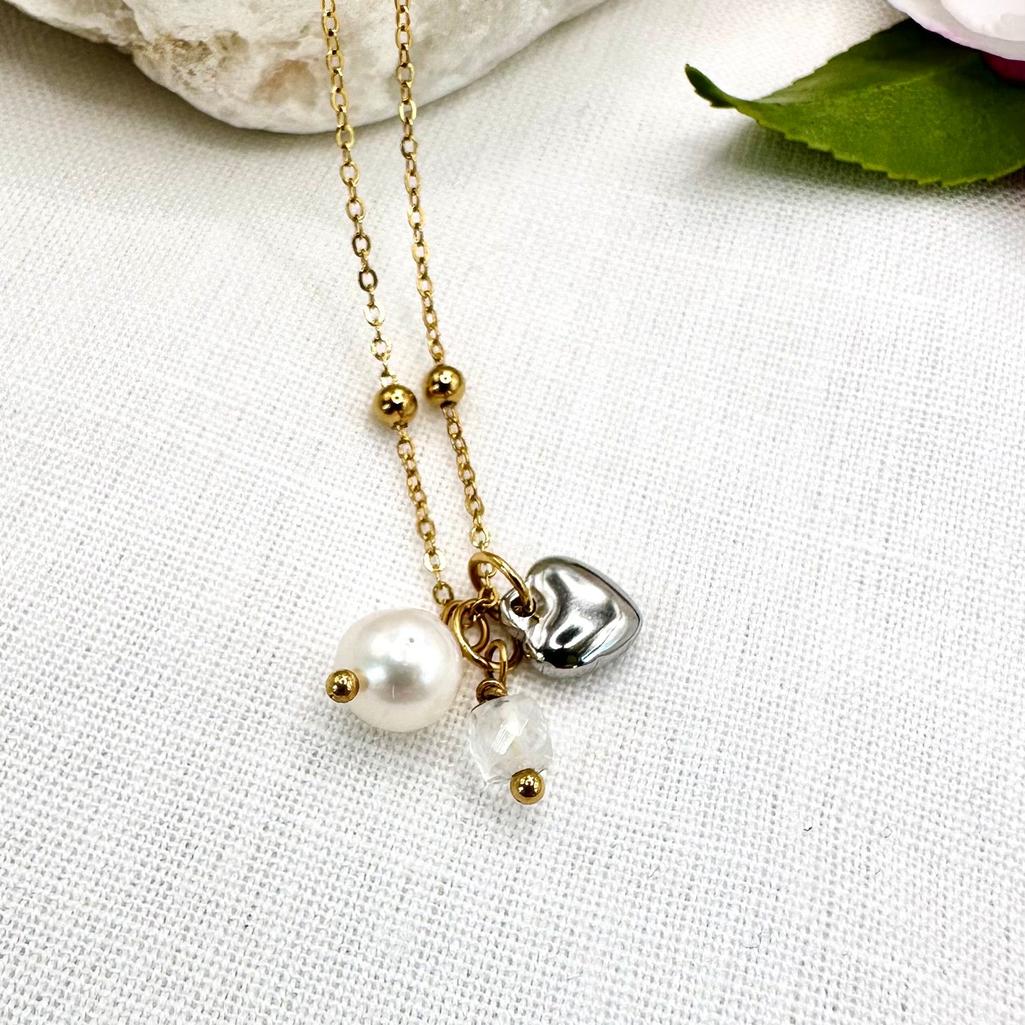 April Birthstone Clear Quartz Charm Necklace with Natural Pearl and Heart