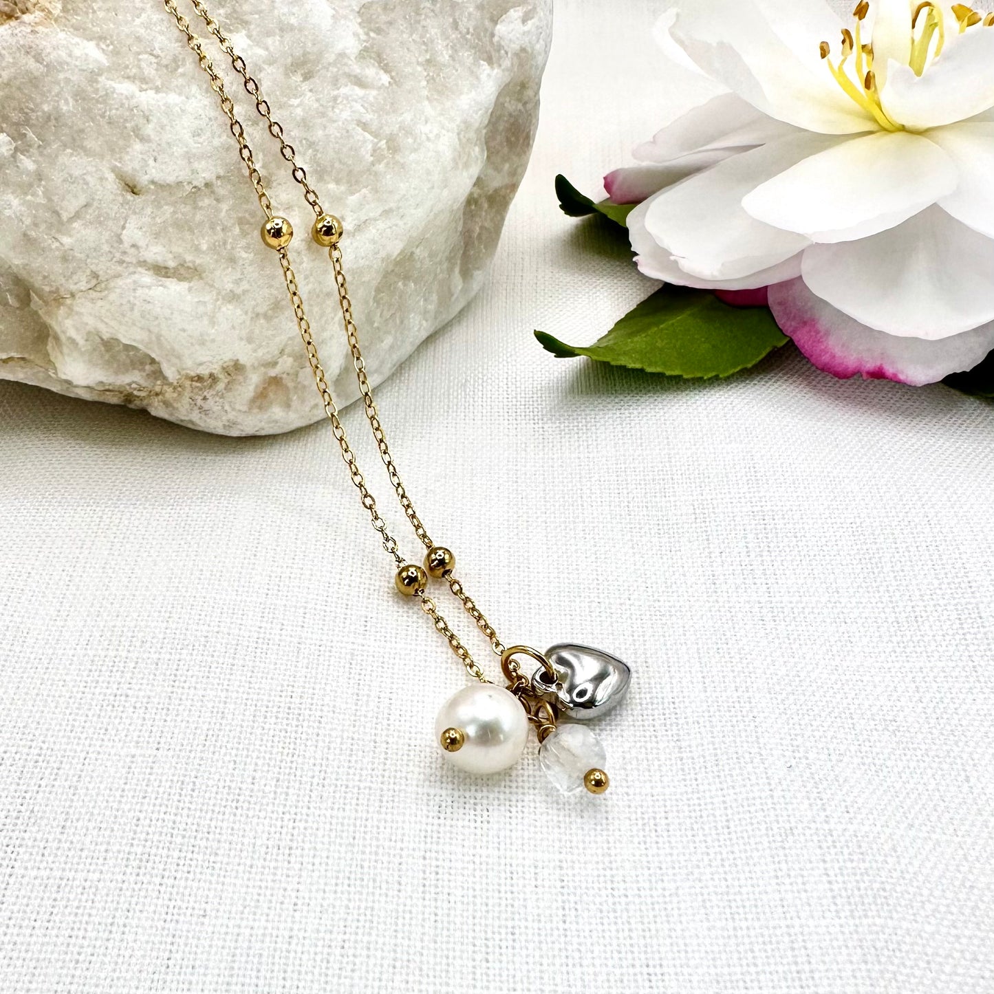 April Birthstone Clear Quartz Charm Necklace with Natural Pearl and Heart