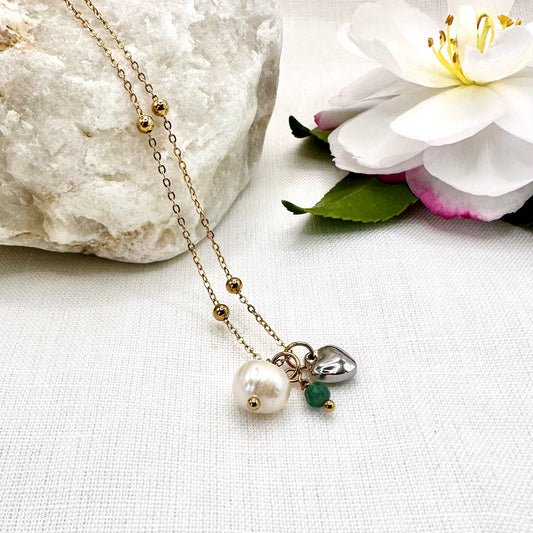 May Birthstone Emerald Charm Necklace with Natural Pearl and Heart