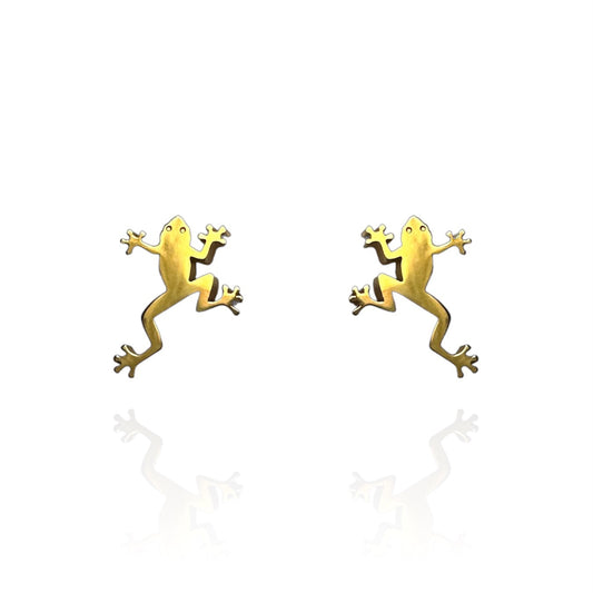 Green Tree Frog Earring Studs Gold