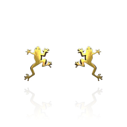 Green Tree Frog Earring Studs Gold
