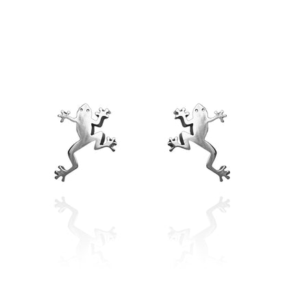 Green Tree Frog Earring Studs Silver