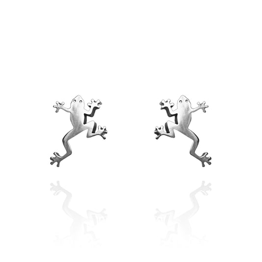 Green Tree Frog Earring Studs Silver