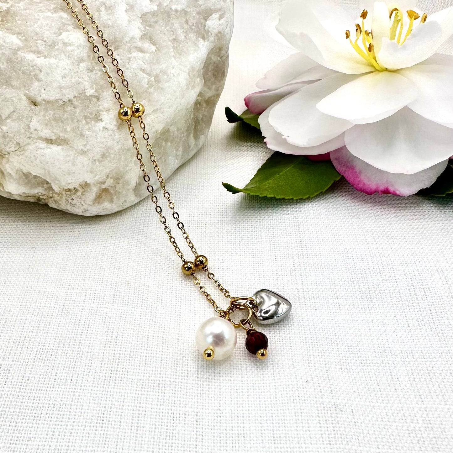 January Birthstone Garnet Charm Necklace with Natural Pearl and Heart