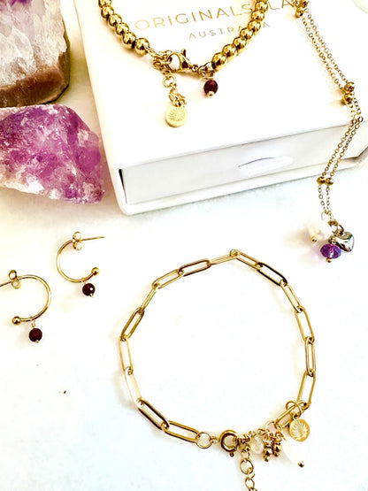 18k Gold Plated Paper Clip Bracelet with Gemstones