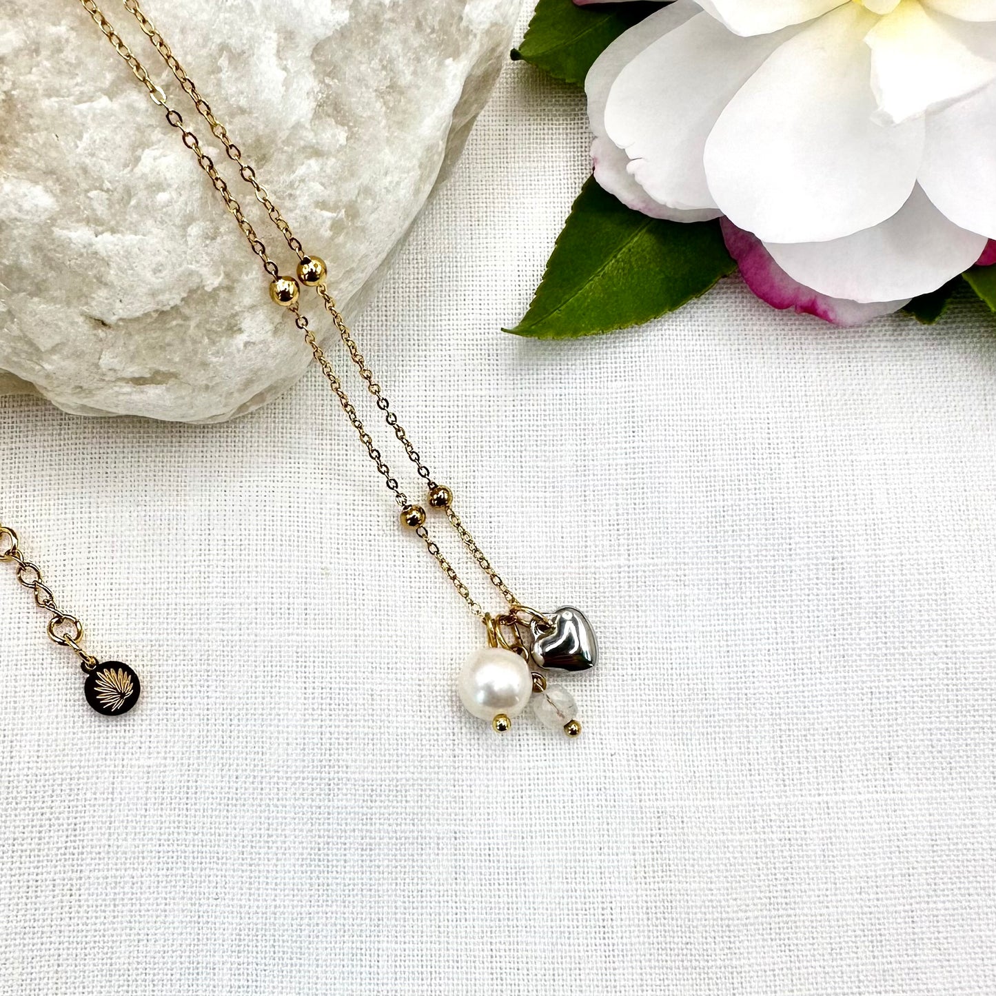 June Birthstone Moonstone Charm Necklace with Natural Pearl and Heart
