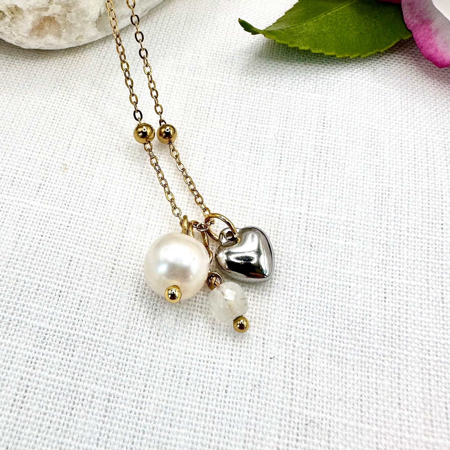 June Birthstone Moonstone Charm Necklace with Natural Pearl and Heart