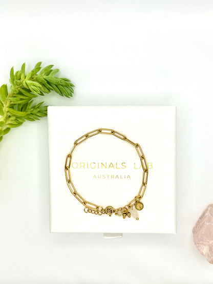 18k Gold Plated Paper Clip Bracelet with Gemstones