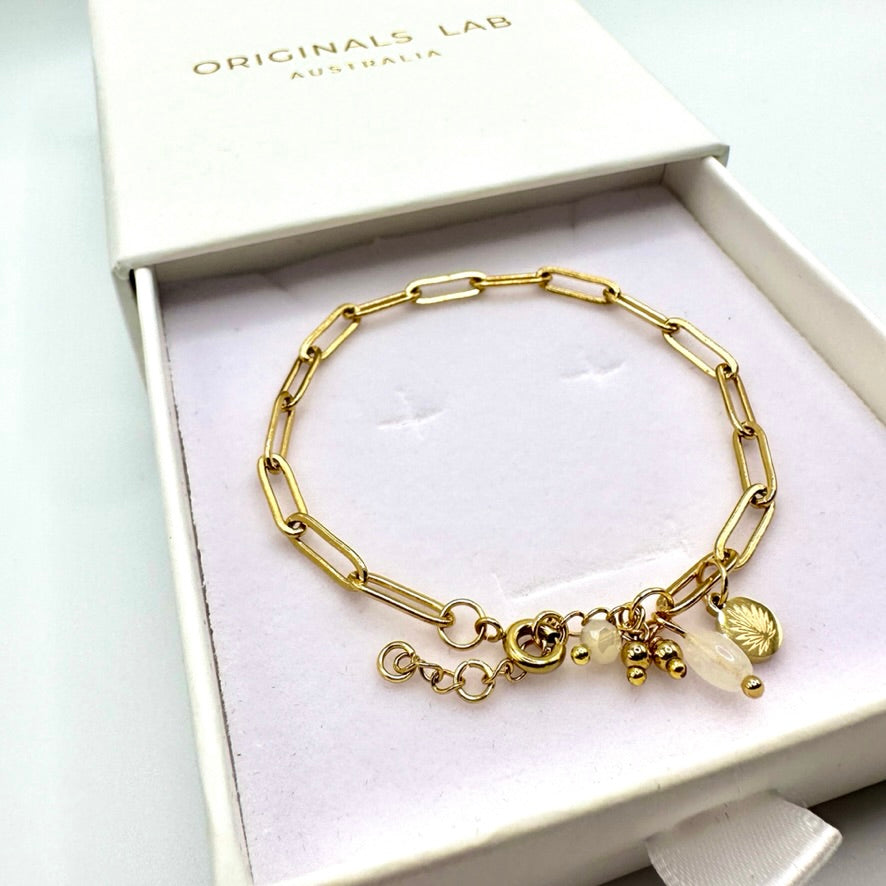 18k Gold Plated Paper Clip Bracelet with Gemstones