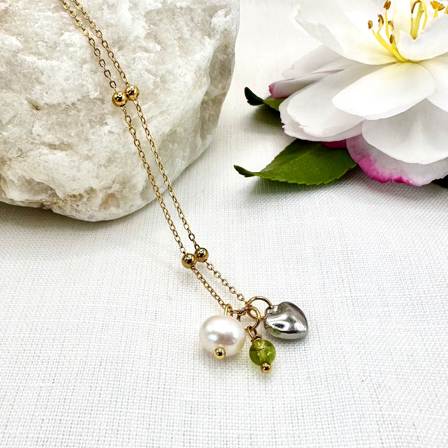 August Birthstone Peridot Charm Necklace with Natural Pearl and Heart