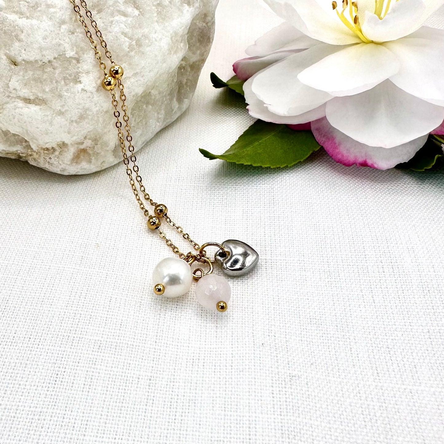 October Birthstone Rose Quartz Charm Necklace with Natural Pearl and Heart