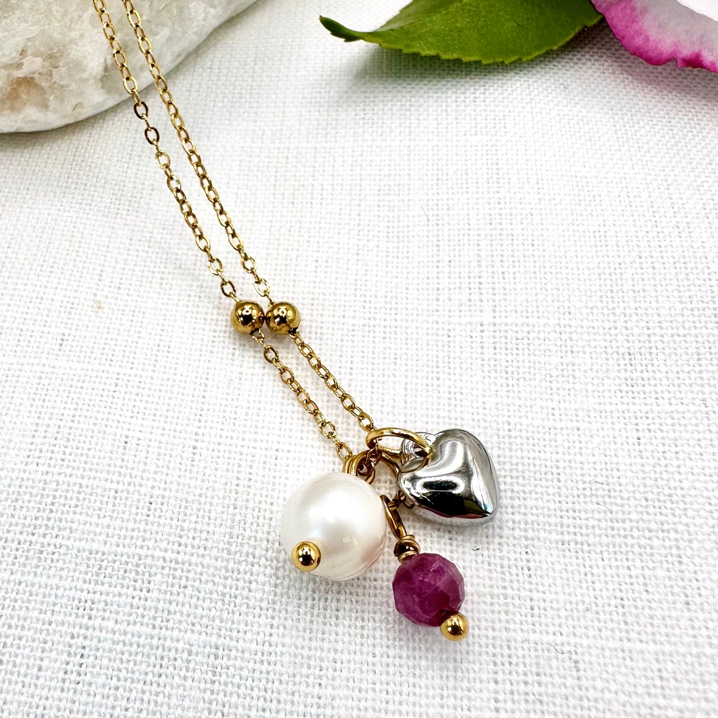 July Birthstone Ruby Charm Necklace with Natural Pearl and Heart