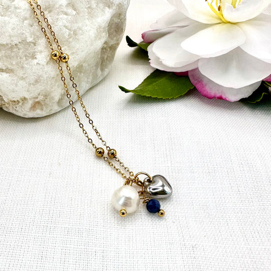 September Birthstone Sapphire Charm Necklace with Natural Pearl and Heart