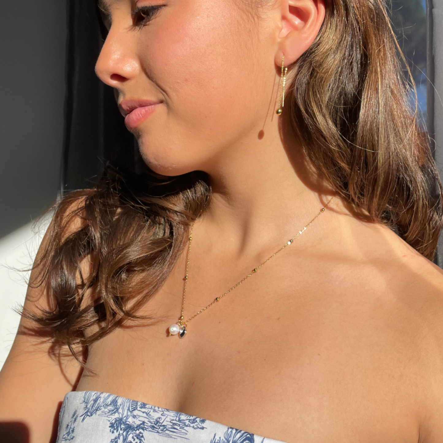 Minimalist ball end ear thread earrings in Gold
