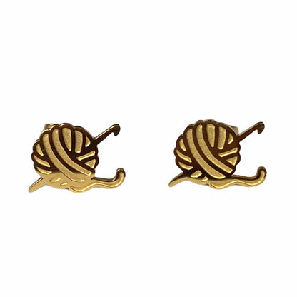 Crochet Hook and Yarn Earring Studs Gold