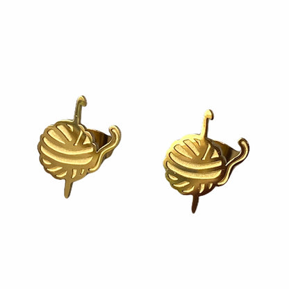 Crochet Hook and Yarn Earring Studs Gold