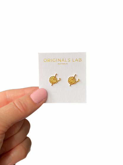 Crochet Hook and Yarn Earring Studs Gold