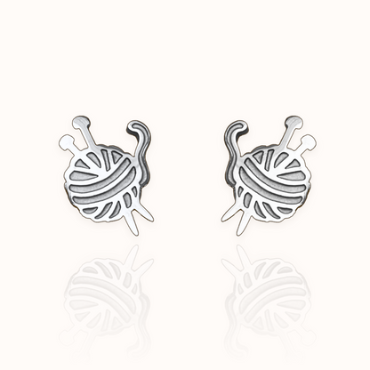 Knitting Needles and Yarn Studs Silver