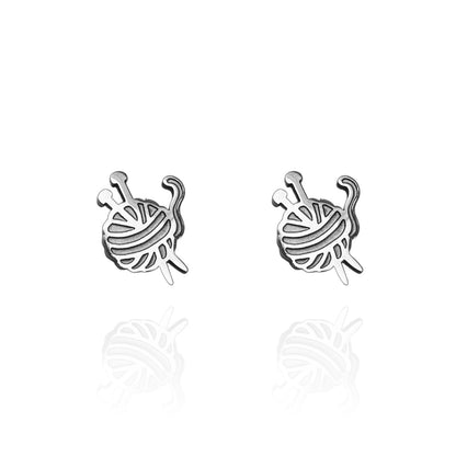 Knitting Needles and Yarn Studs Silver